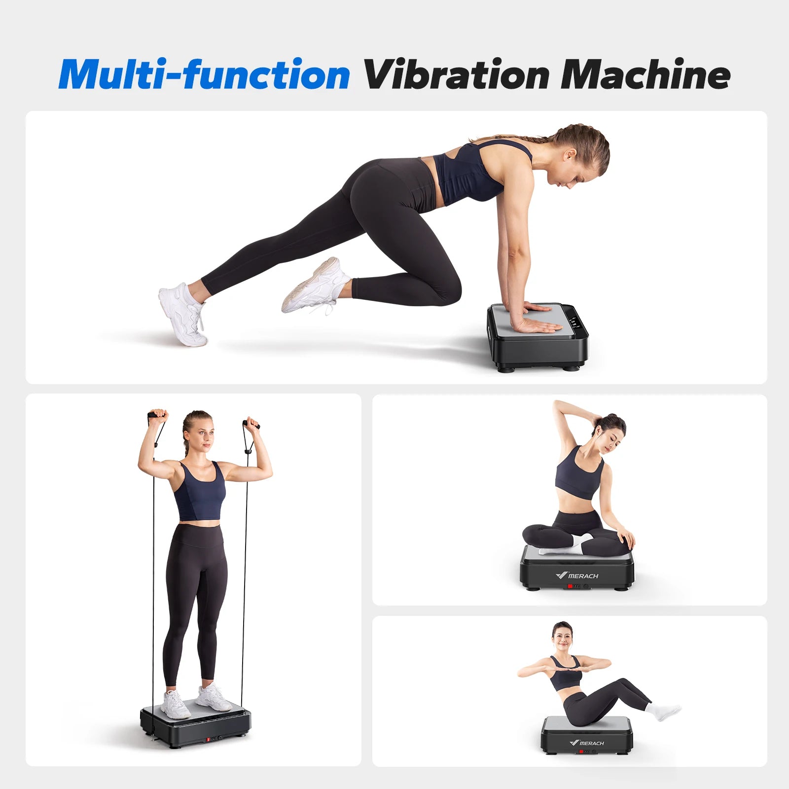 Woman using a multi-function vibration machine with various exercises shown.