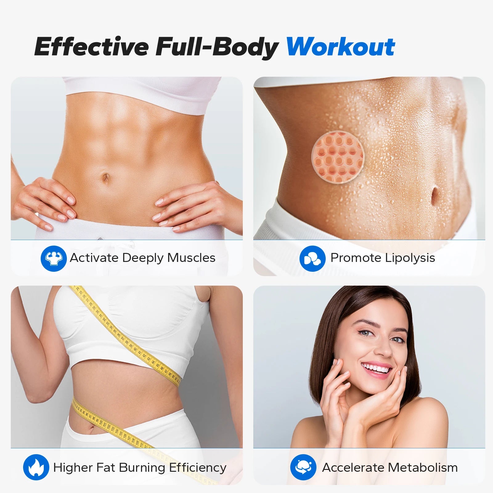 Advertisement for an effective full-body workout with images of a person's abdomen, a product, and a woman smiling.