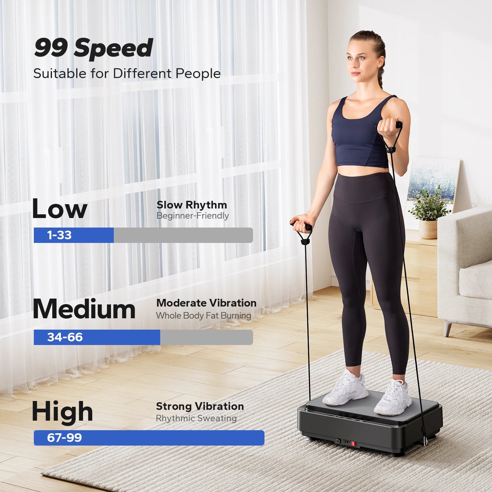 Woman using a vibration plate with speed settings displayed on the left.