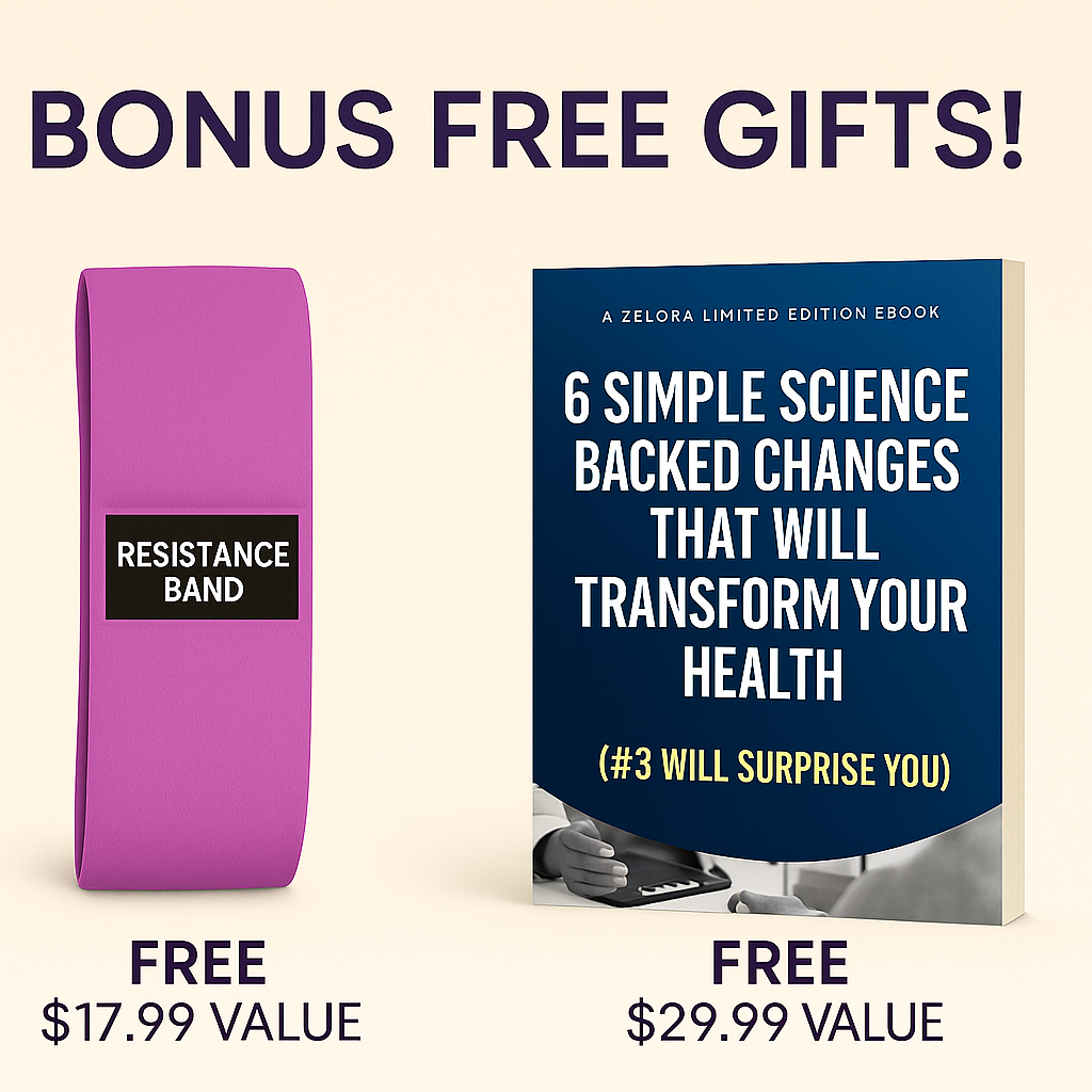 Purple resistance band and Zelora eBook on a beige background with text about bonus free gifts.