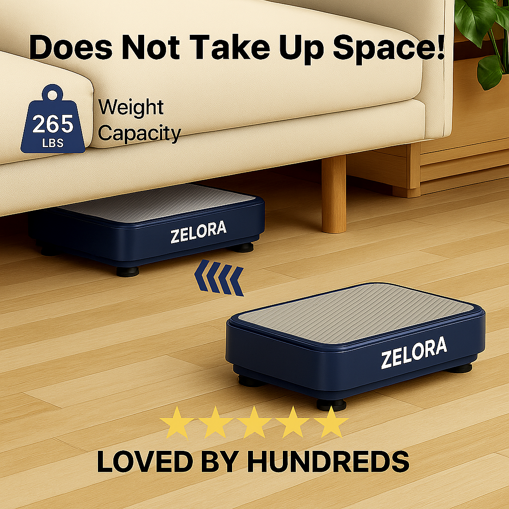 Zelora step platform on a wooden floor with promotional text and weight capacity information.