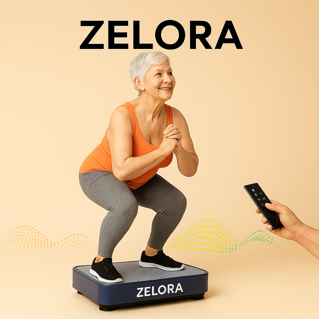Woman using a Zelora step platform with a smartphone on a beige background